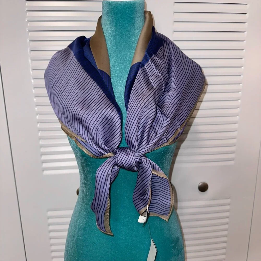 Halston Heritage 100% Silk Square Scarf, Navy Taupe Violet Striped, NWT